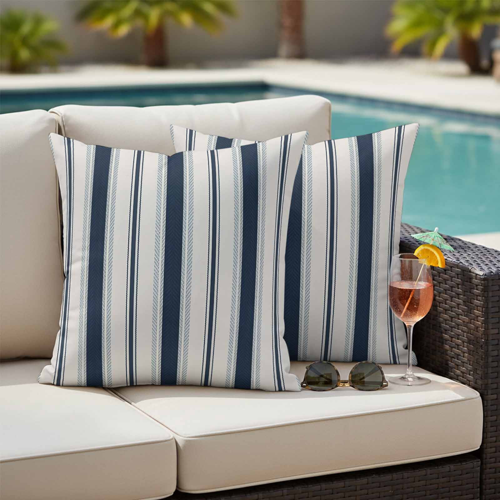 Navy Blue Beige Outdoor Pillow Covers 24x24 Inch Throw Pillow Covers Set of 2 Waterproof Decorative Pillow Cases Retro Simple Abstract Vertical Stripes Cushion Covers for Patio Furniture Garden Couch