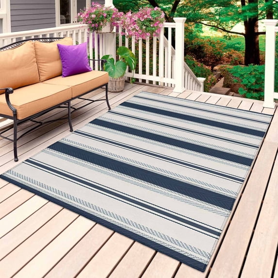 Navy Blue Beige Outdoor Rug for Patio/Deck/Porch, Non-Slip Large Area Rug 5 x 7 Ft, Retro Simple Abstract Vertical Stripes Indoor Outdoor Rugs Washable Area Rugs, Reversible Camping Rug Carpet Runner