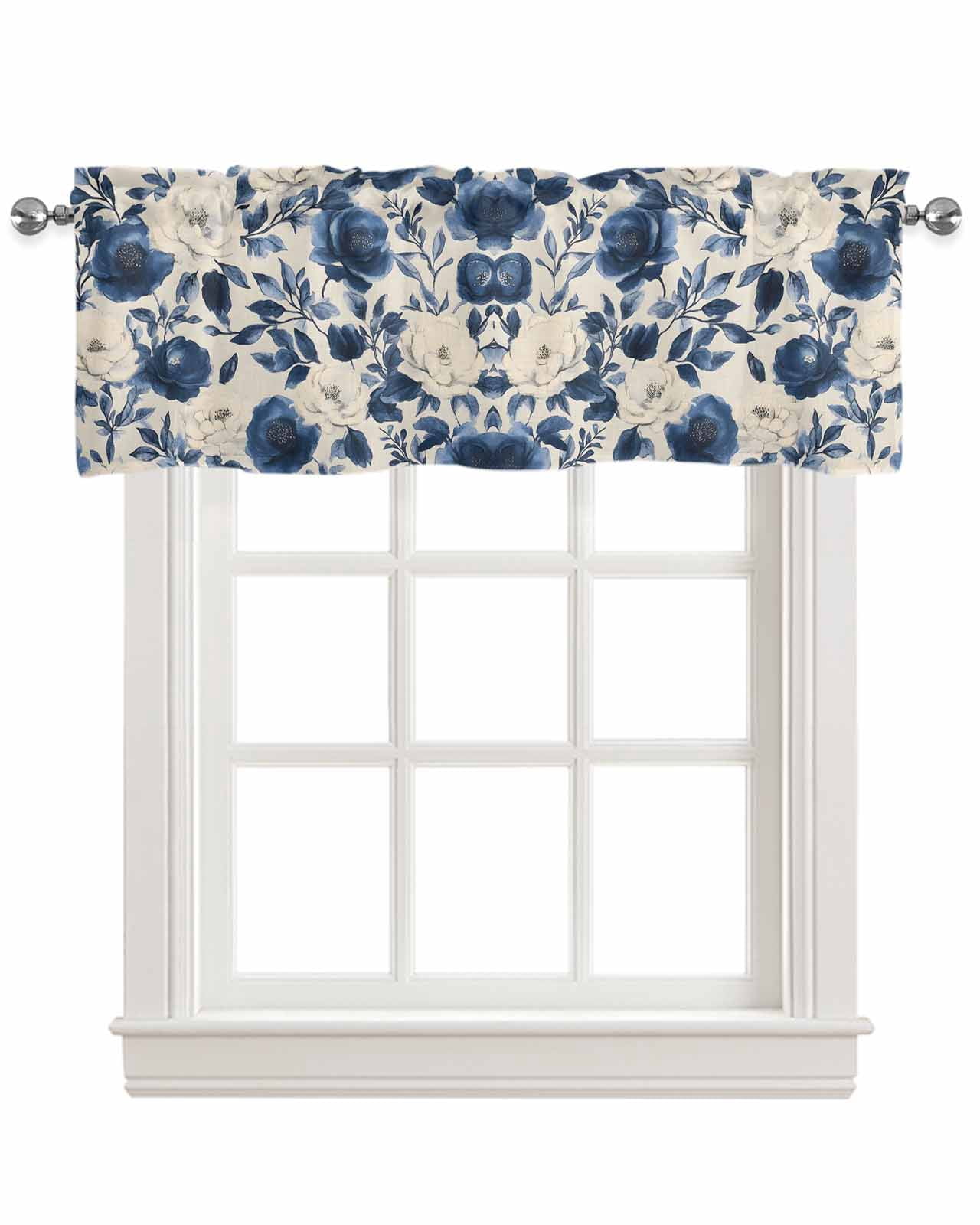 Navy Blue Beige Peony Kitchen Valances for Windows Farmhouse Linen Window Valance Curtain for Living Room Window Treatment Vintage Floral Blossom Botanical Valance Rod Pocket Topper, 54 x 18 Inch