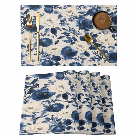 Navy Blue Beige Peony Placemats Set of 12 Vintage Floral Blossom Botanical Place Mats Indoor Wipeable Table Mats Washable Cloth Dining Table Placemats for Kitchen Holiday Party Home Decor 13x19 Inch