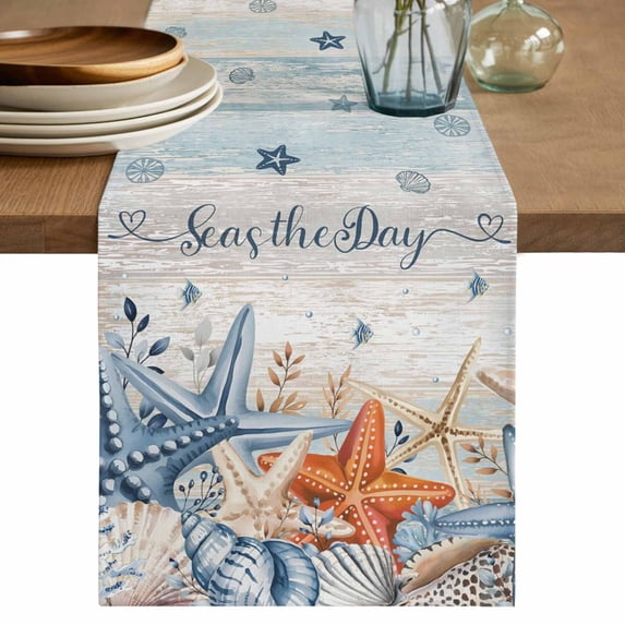 Navy Blue Beige Starfish Table Runner 70 Inches, Coastal Nautical Summer Coral Shell Bed Runner Dresser Scarves Tabletop for Indoor Outdoor Parties/Ceremony/Banquet, 13" x 70"