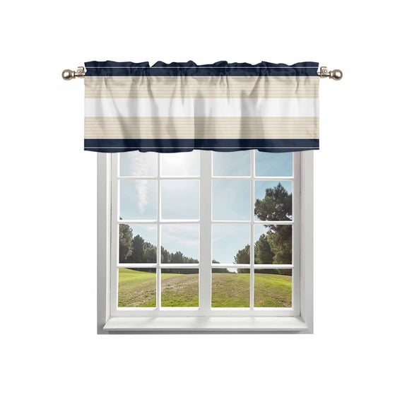 Navy Blue Beige Stripe Curtain Valance for Windows/Living Room/Kitchen/Bathroom/Café, Short Rod Pocket Tier Curtain Window Treatment Panel Modern Art Horizontal Striped Topper Curtain 42''x18''