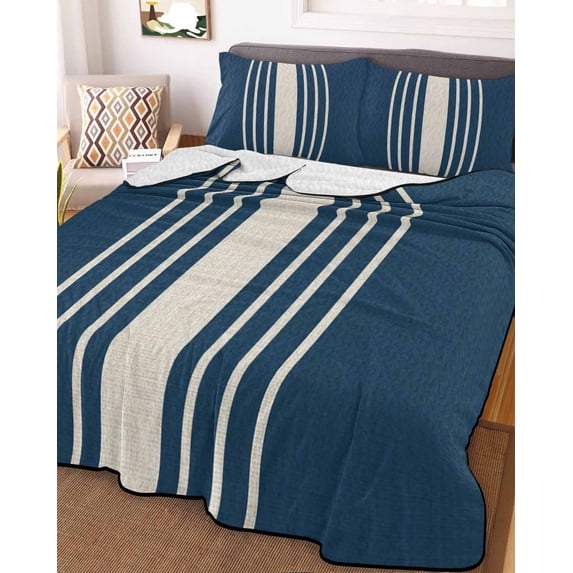 Navy Blue Beige Striped Full Size Down Alternative Comforter, Lightweight Comforter Quilt Bedding Set with Pillow Shams Modern Farmhouse Retro Lines All Seasons Bed Comforter Duvet Insert 78"x90"