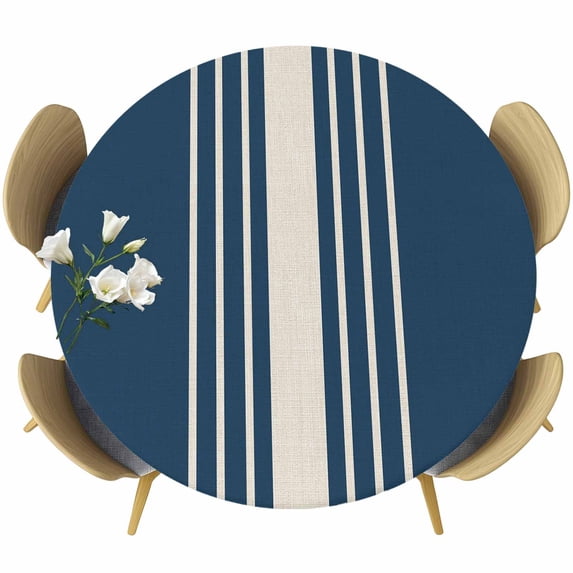 Navy Blue Beige Striped Round Tablecloth, Fitted Table Cover with Elastic for 45"-54" Round Tables, Modern Farmhouse Retro Lines Table Cloth Outdoor Indoor Dinning Party Waterproof Tablecloths