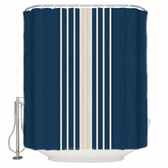 Navy Blue Beige Striped Shower Curtains for Bathroom Waterproof Fabric Bath Curtains Decor Bath Tub Curtain Modern Farmhouse Retro Lines Decorative Shower Curtain Sets with 12 Hooks, 72x72 Inch