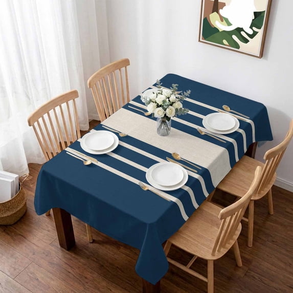 Navy Blue Beige Striped Table Cloth Waterproof Tablecloths, Modern Farmhouse Retro Lines Tablecloth Dining Table Cover for Kitchen Party Tabletop Outdoor, Rectangle Tablecloth 60x102 Inch