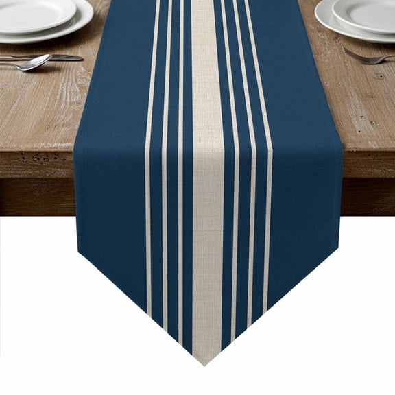 Navy Blue Beige Striped Table Runner Linen Burlap Table Runner 36 Inches Small Modern Farmhouse Retro Lines Dresser Scarves for Kitchen Island Coffee Dining Room Party Holiday Decoration 13"x36"