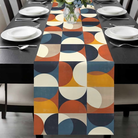 Navy Blue Beige Table Runner 60 Inches Long, Middle Century Modern Geometric Abstract Art Kitchen Coffee Dining Table Decoration for Home Party Birthday Wedding Home Decor 13x60 Inches