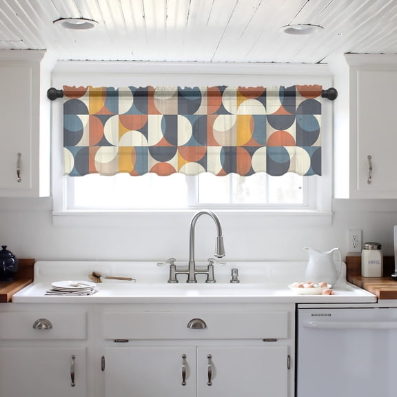 Navy Blue Beige Valance Curtains for Kitchen/Living Room/Bathroom/Bedroom Window,Middle Century Modern Geometric Abstract Art Rod Pocket Small Topper Half Short Window Curtains Sheer Scarf 54"x18"