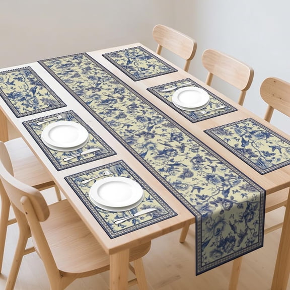 Navy Blue Bird Flower Table Runner and Placemats Set of 6 Rustic Chinoiserie Sketch Floral Washable Kitchen Dinning Table Decoration