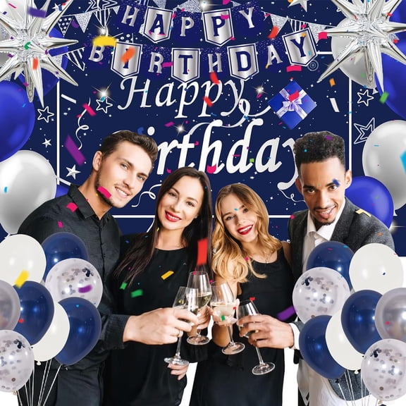 Navy Blue Birthday Decorations for Men, Boys, Women, Girls, 80-Piece Blue and Silver Party Decorations, Happy Birthday Background Banner Party Supplies, Blue Silver Confetti Stars Balloon Arch Tablec