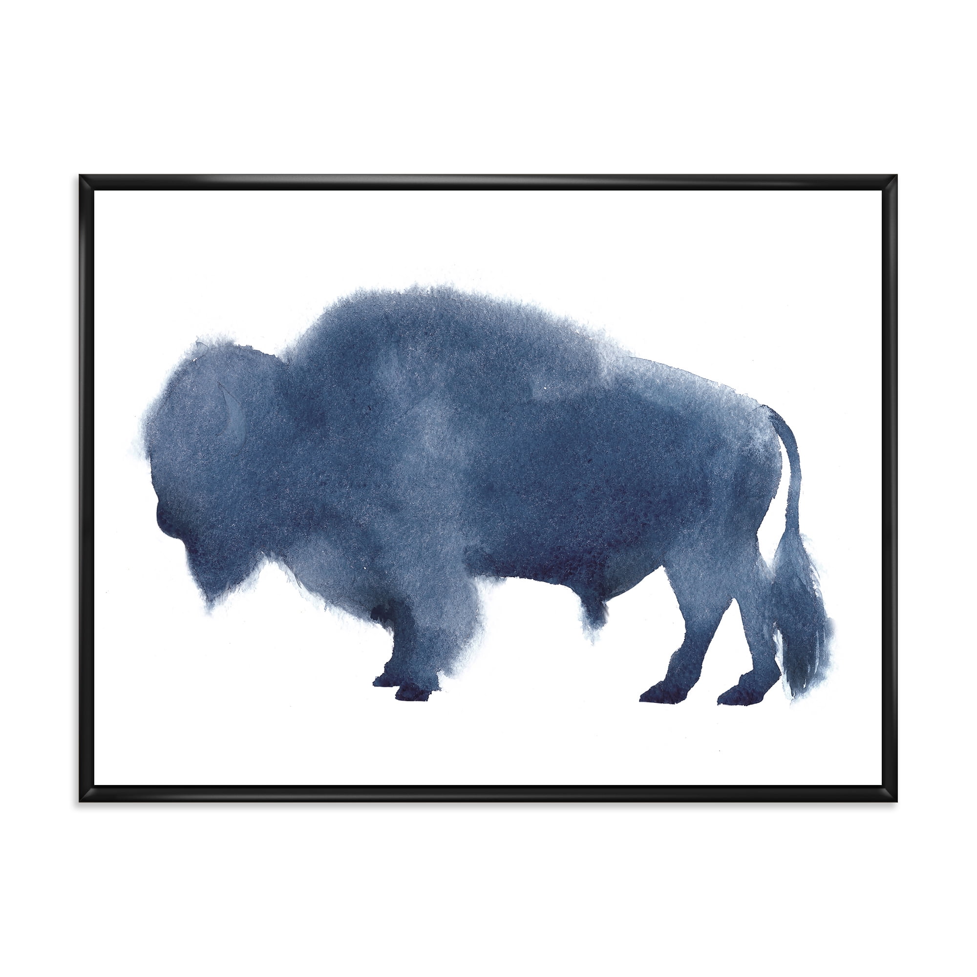 Navy Blue Bison Silhouette On White 32 in x 24 in Framed Painting Canvas Art Print, by Designart