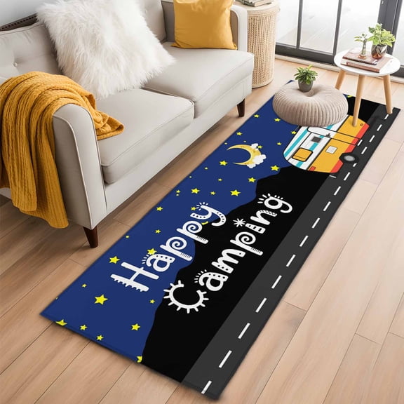 Navy Blue Black 2'x6' Runner Rugs for Hallway Kitchen Bedside Non Slip Washable, Cartoon Truck Moon Stars Entryway Rug Runners with Rubber Backing, Long Carpet Runner for Laundry Room