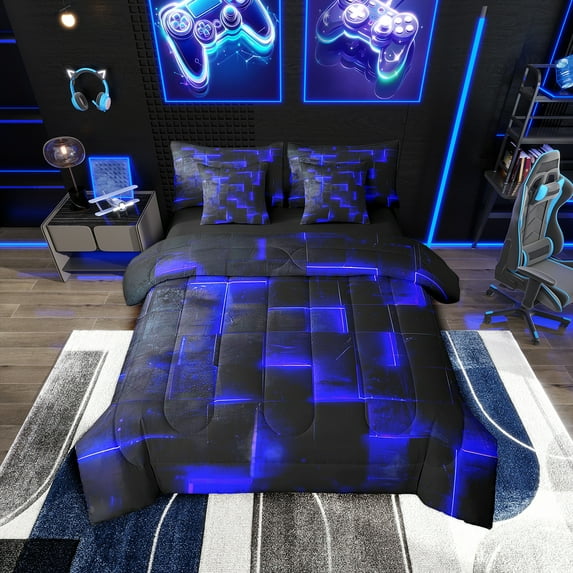 Navy Blue Black Bedding Comforter Sets 7Pcs 3D Glowing Buffalo Bed in a Bag Modern Abstract Art Full Bedding Sets Geometric Plaid Comforter Set Gradient Futuristic Cubes Bedding Sets & Collections