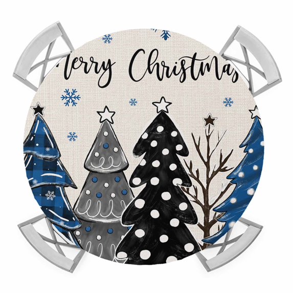 Navy Blue Black Christmas Tree Round Tablecloth for 36-44 Inch Tables,Fitted Table Cover with Elastic Edge,Xmas Tree Snowflake Rustic Waterproof Outdoor Table Cloth Protector for Patio Garden Dinner