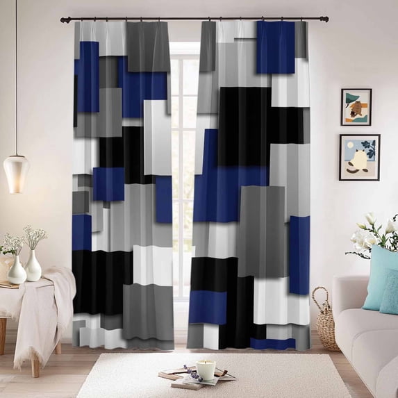 Navy Blue Black Geometric Blackout Curtains for Bedroom/Living Room, Pinch Pleated Black Out Curtains, Modern Abstract Art Block Room Darkening Window Drapes with Hooks 2 Panels, 39"x70"
