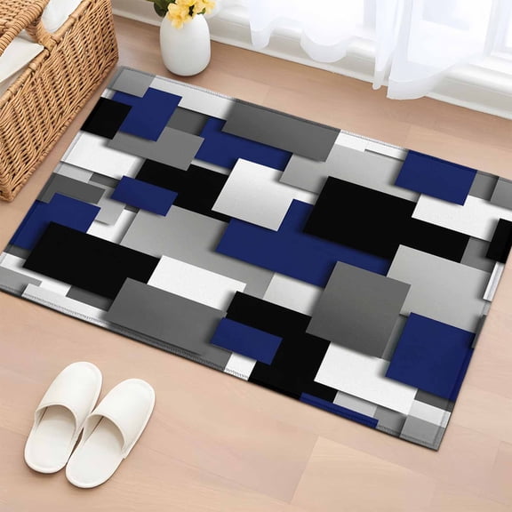 Navy Blue Black Geometric Entryway Rug 2'x3' Non Slip Front Door Mats, Modern Abstract Art Block Entrance Rugs Indoor Outdoor Carpet, Washable Floor Mats Small Area Rug for Bedroom Kitchen