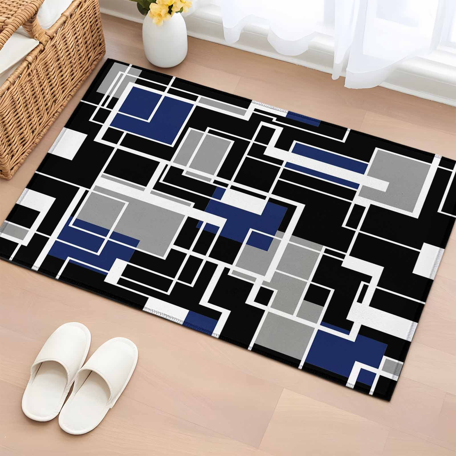 Navy Blue Black Geometric Entryway Rug 2'x3'&nbsp; Non Slip Front Door Mats, Modern Color Block Abstract Entrance Rugs Indoor Outdoor Carpet, Washable Floor Mats Small Area Rug for Bedroom Kitchen