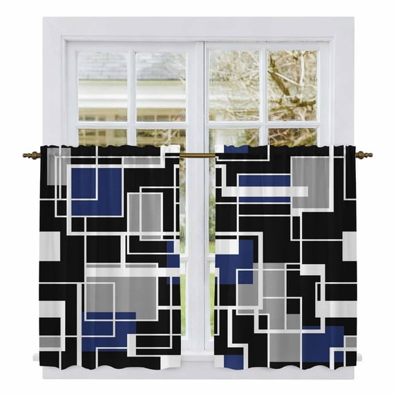 Navy Blue Black Geometric Kitchen Curtains 54 Inch Length, Modern Color Block Abstract Tiers Curtains for Bathroom Bedroom Cafe, Light Filtering Small Window Treatment Short Drapes 2 Panels 42"Wx54"L