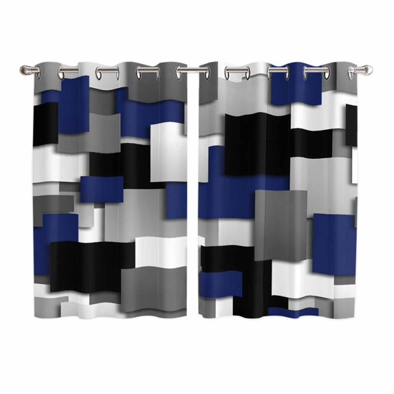 Navy Blue Black Geometric Kitchen Curtains Window Panels, Modern Abstract Art Block Insulated Window Treatment Curtain, Grommet Curtains for Bedroom/Living Room/Bathroom, 2 Piece 52"Wx72"L