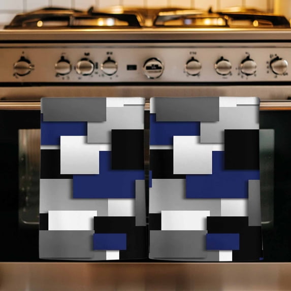 Navy Blue Black Geometric Kitchen Towels Set of 3, Modern Abstract Art Block Absorbent Dish Towels for Kitchen, Microfiber Hand Towel, Quick Drying Tea Towel for Cleaning Decorative Dishcloths
