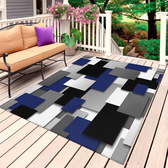 Navy Blue Black Geometric Outdoor Rug 3x5 Ft, Non Slip Washable Area Rug, Modern Abstract Art Block Patio Rugs Carpet Runner, Large Floor Mat for Indoor/Outdoor Deck Porch Camping