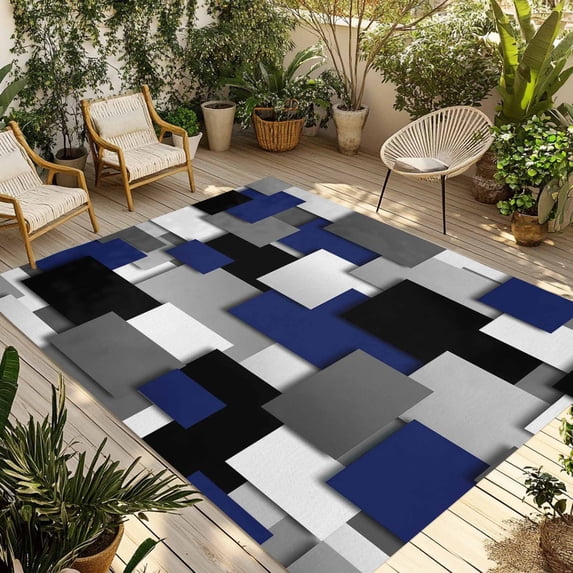 Navy Blue Black Geometric Outdoor Rug for Patio/Deck/Porch, Non-Slip Large Area Rug 5 x 7 Ft, Modern Abstract Art Block Indoor Outdoor Rugs Washable Area Rugs, Reversible Camping Rug Carpet Runner