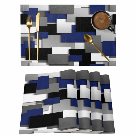 Navy Blue Black Geometric Placemats Set of 8 Modern Abstract Art Block Place Mats Indoor Wipeable Table Mats Washable Cloth Dining Table Placemats for Kitchen Holiday Party Home Decor 13x19 Inch