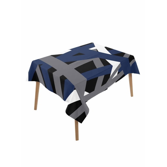 Navy Blue Black Geometric Rectangle Tablecloth, Modern Art Abstract Grey Line Waterproof & StainResistant Tablecloth, Washable Oil-proof Table Cover for Dining/Party/Wedding/Camping/Buffet 52x70 In
