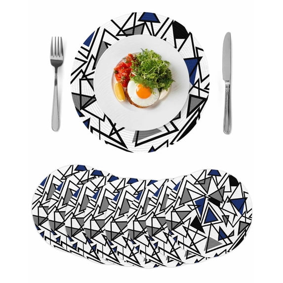 Navy Blue Black Geometric Round 13 Inch Placemats Set of 8, Abstract Art Modern Line HeatResistant Non Slip Place Mats for Dining Table, Wipeable Braided Kitchen Table Mats for Housewarming