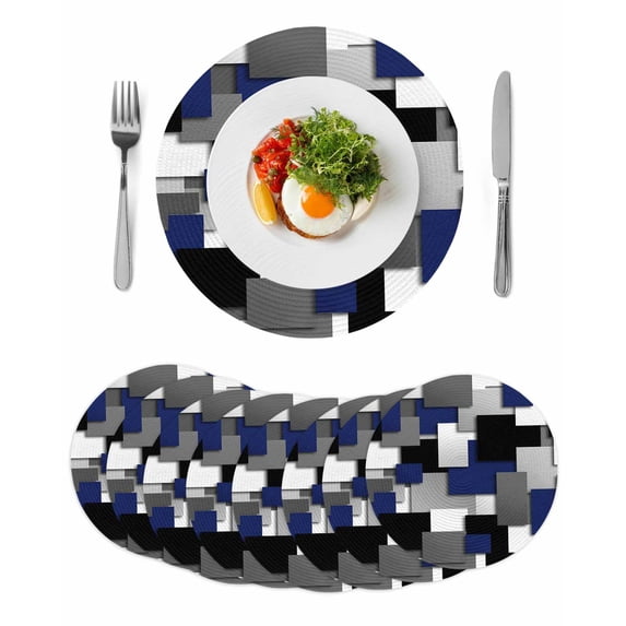 Navy Blue Black Geometric Round 13 Inch Placemats Set of 8, Modern Abstract Art Block HeatResistant Non Slip Place Mats for Dining Table, Wipeable Braided Kitchen Table Mats for Housewarming