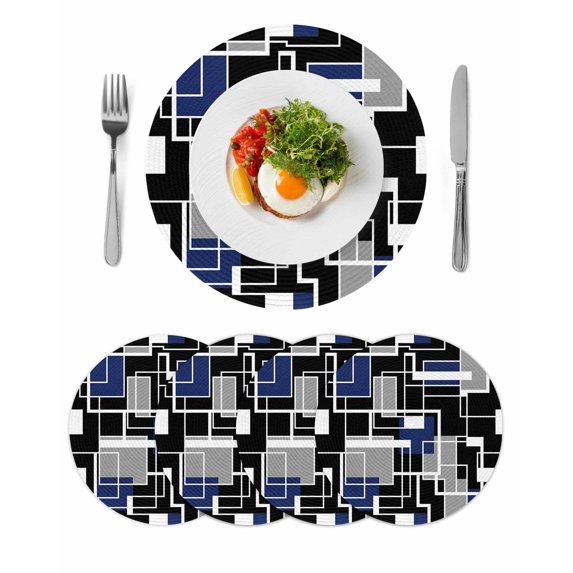 Navy Blue Black Geometric Round 15 Inch Placemats Set of 4, Modern Color Block Abstract HeatResistant Non Slip Place Mats for Dining Table, Wipeable Braided Kitchen Table Mats for Housewarming
