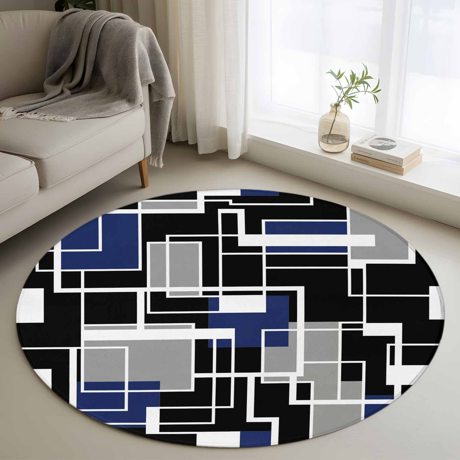 Navy Blue Black Geometric Round Area Rug 3.3Ft Washable Circle Rugs for Dining Room Table, Modern Color Block Abstract Non-Slip Carpet Floor Mats Indoor Outdoor Carpet Runner Aesthetic Home Decor