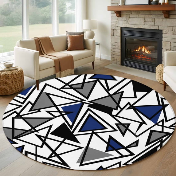 Navy Blue Black Geometric Round Area Rug 6Ft Washable Circle Rugs for Bathroom Office, Abstract Art Modern Line Non-Slip Carpet Floor Mats Indoor Outdoor Carpet Runner Aesthetic Home Decor