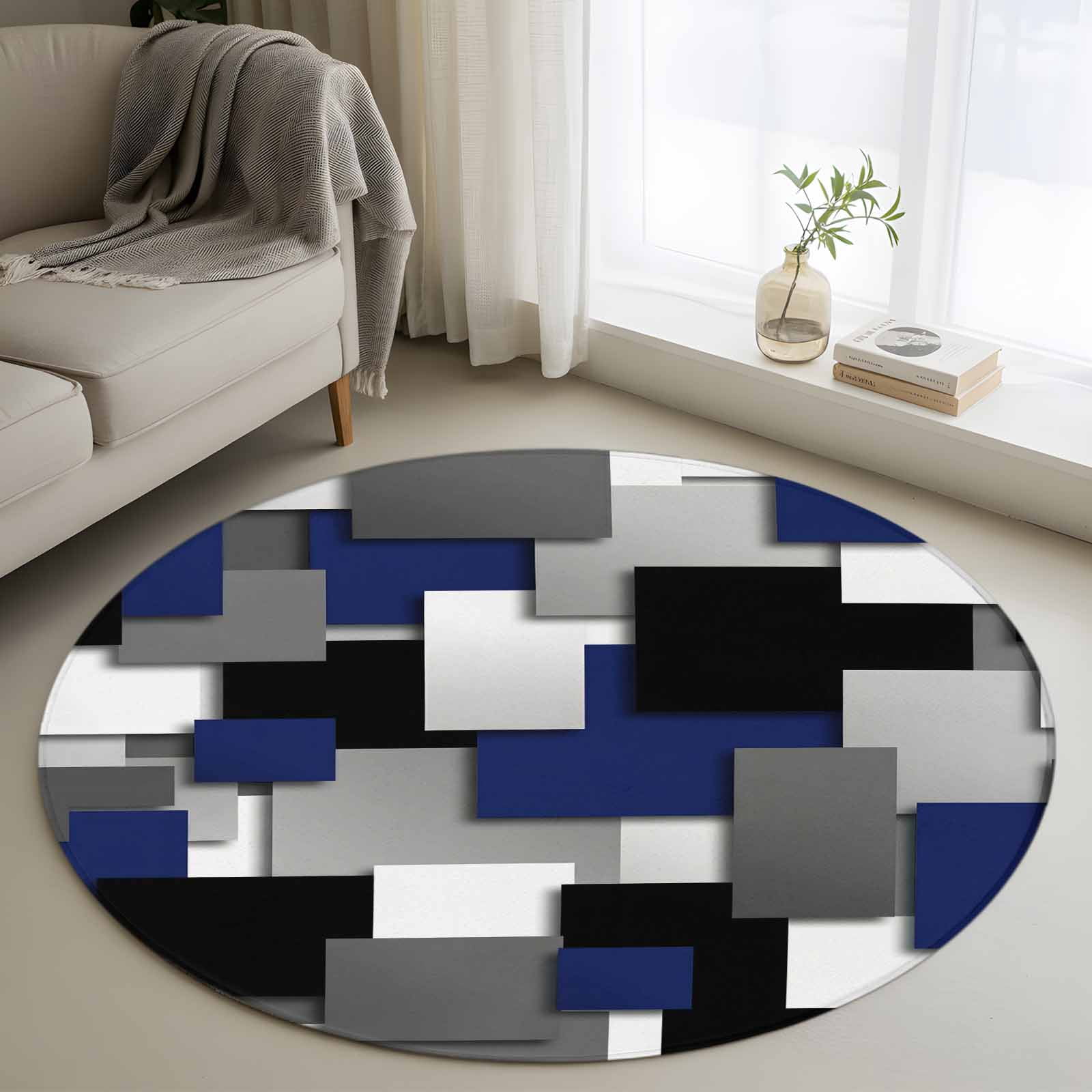 Navy Blue Black Geometric Round Rug 3ft Washable Circle Entryway Rugs Non Slip Modern Abstract Art Block Area Rug Indoor Floor Carpet for Bedroom Kitchen Living Room Home Office Dining Room Nursery