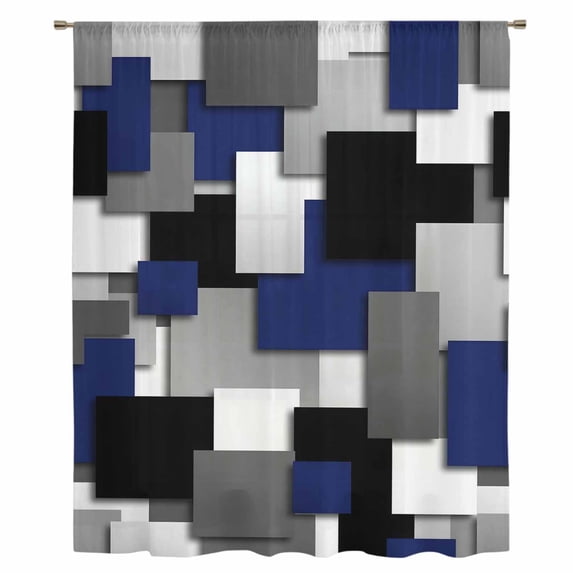 Navy Blue Black Geometric Sheer Curtains 45 Inches Long, Modern Abstract Art Block Light Filering Curtains, Breathable Simi Curtain Privacy Drapes for Kitchen Bathroom Small Window Treatment