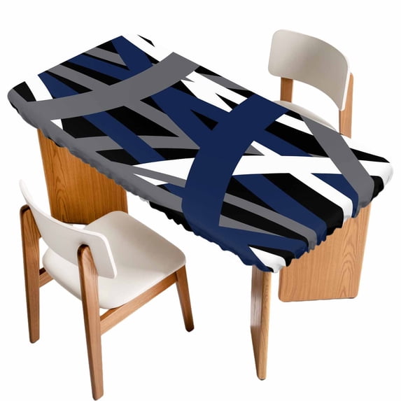 Navy Blue Black Geometric Table Cloths for 3 Foot Rectangle Tables, Modern Art Abstract Grey Line Patio Waterproof Elastic Fitted Tablecloths, Washable Rectangular Table Cover for Camping