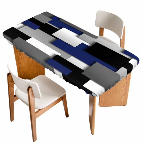 Navy Blue Black Geometric Table Cloths for 6 Foot Rectangle Tables, Modern Abstract Art Block Patio Waterproof Elastic Fitted Tablecloths, Washable Rectangular Table Cover for Camping