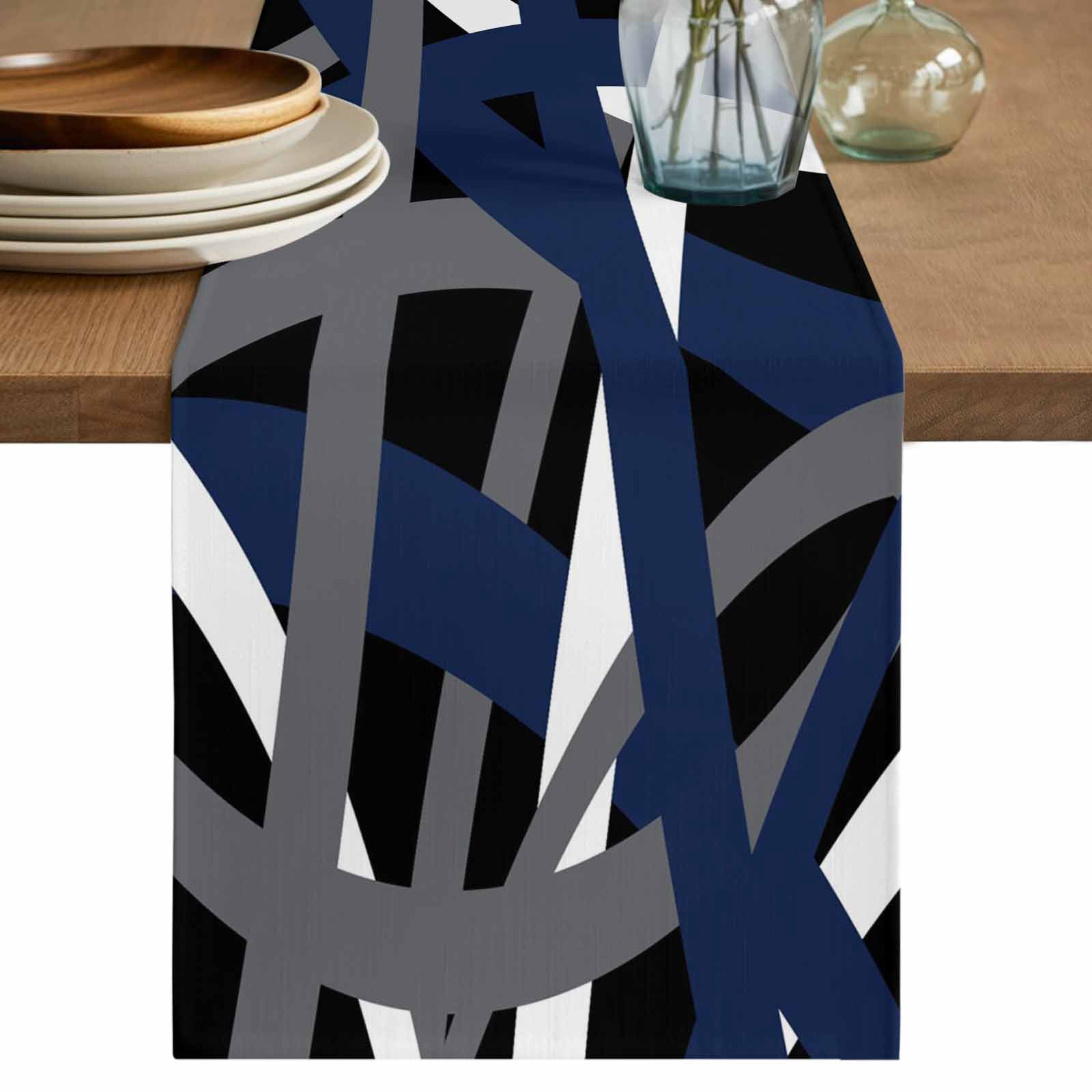 Navy Blue Black Geometric Table Runner 90 Inches, Modern Art Abstract ...