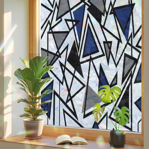 Navy Blue Black Geometric Triangle Window Privacy Film, Rainbow Film Decorative Window Sticker 17.7x39.3in, Modern Abstract Style Sun Blocking Static Stained Glass Cling Tint Non-Adhesive