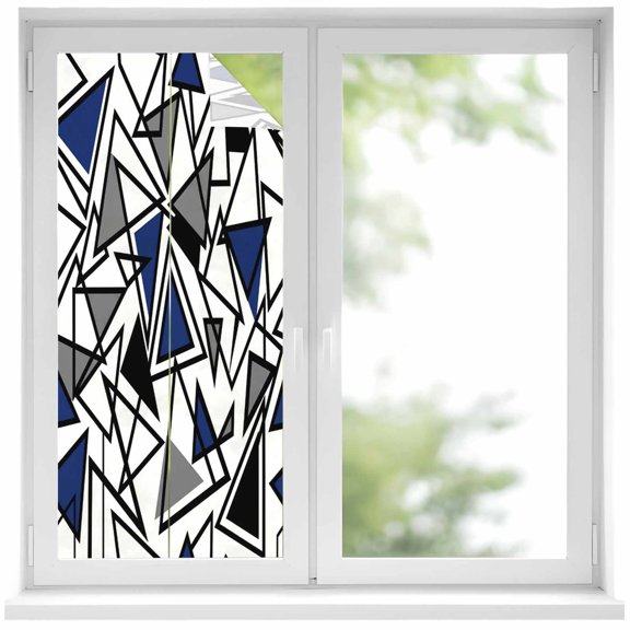 Navy Blue Black Geometric Window Privacy Film, Abstract Art Modern Line Static Cling UV Sun Blocking Heat Control Window Tint Day and Night, Non-Adhesive One Way Windows Privacy Cover 17.7''x39.3''