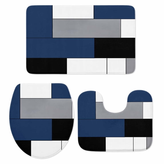 Navy Blue Black Grey Bath Mat 3 Piece Bathroom Rug Set, Modern Irregular Geometric Abstract Non Slip Bath Rug Contour Mat and Toilet Lid Cover, Absorbent Shower Mats Soft Bath Rugs and Mats Sets