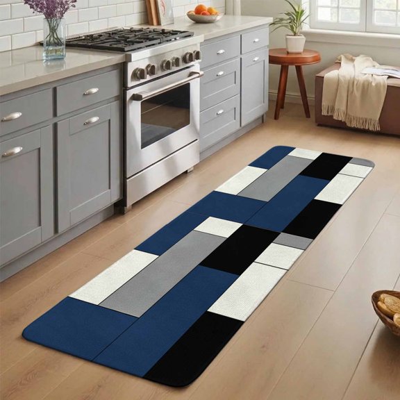 Navy Blue Black Grey Bathroom Runner Rug Kitchen Rugs,Non Slip Welcome Front Door Mat,Modern Irregular Geometric Abstract Absorbent Washable Low Profile Bath Mat for Shower Entryway 15.7x47.2 Inches