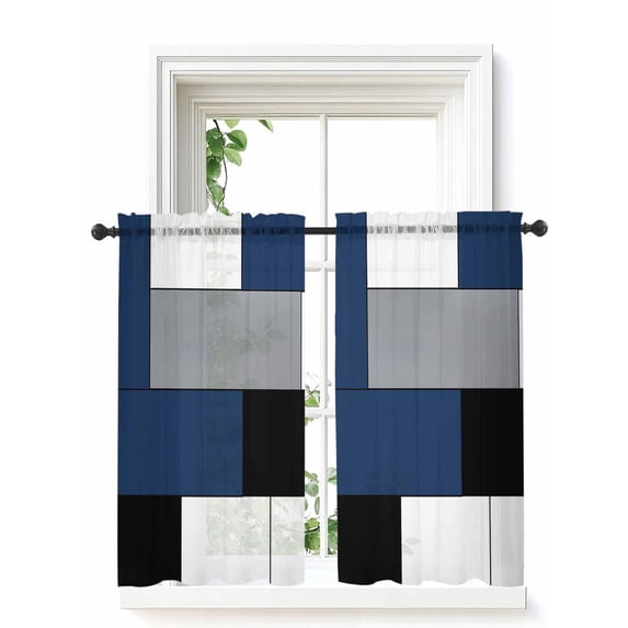 Navy Blue Black Grey Curtains 54 Inch Length,Sheer Curtains for Bedroom Living Room Window Modern Irregular Geometric Abstract Rod Pocket Drapes Kitchen Curtains Small Half Window 52"x54" 2 Panels