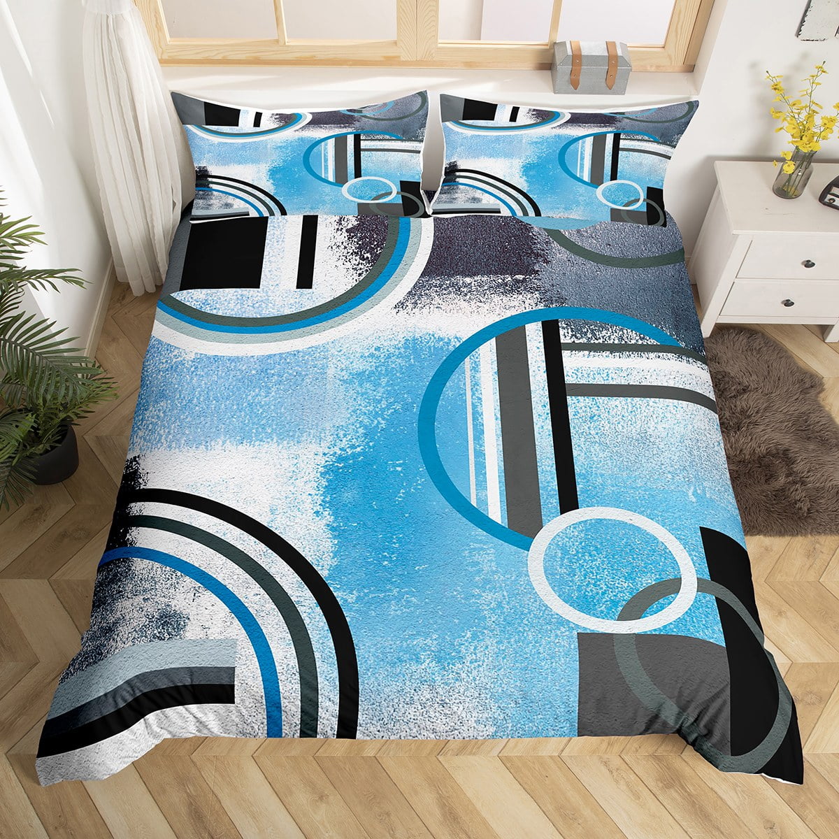 Navy Blue Black Grey Duvet Cover Twin,Ombre Geometric Comforter Cover