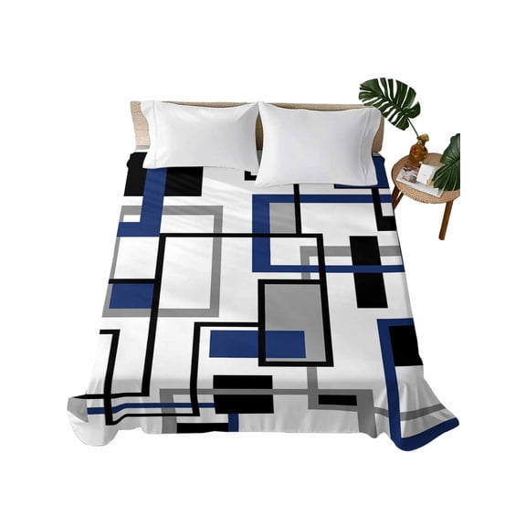 Navy Blue Black Grey Geometric Flat Sheets Only King Size,Soft Breathable Bed Top Sheets for Mattress,Middle Century Modern Abstract Art Bedding Flat Sheets for Home Hotel Bedroom Bed Protection