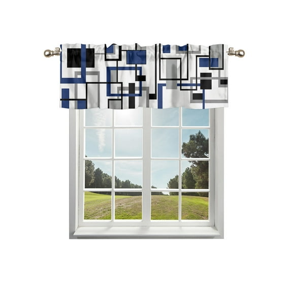 Navy Blue Black Grey Geometric Kitchen Curtain Valances for Windows Farmhouse Short Curtains, Middle Century Modern Abstract Art Rod Pocket Valance Curtain for Bedroom Cafe Living Room 56"x16"