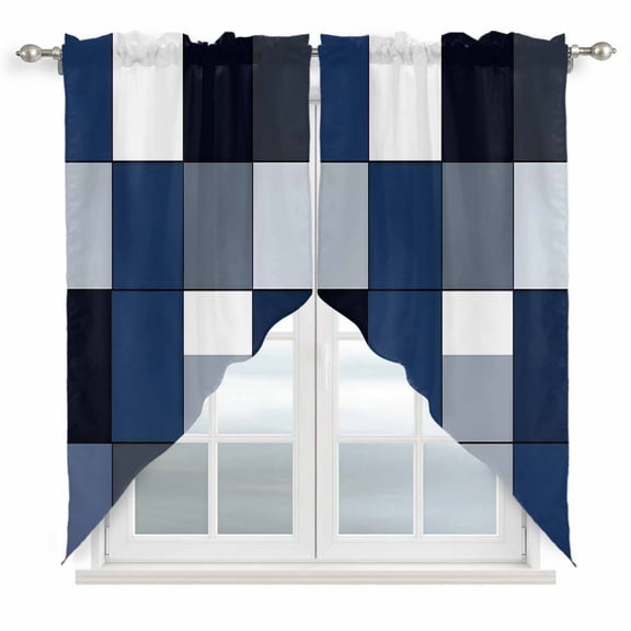 Navy Blue Black Kitchen Window Curtains, Swag Curtains Valance for Bedroom Living Room Bathroom, Grey White Patchwork Abstract Geometric Rod Pocket Window Curtain Block Drapes 2 Panels 28"x36"