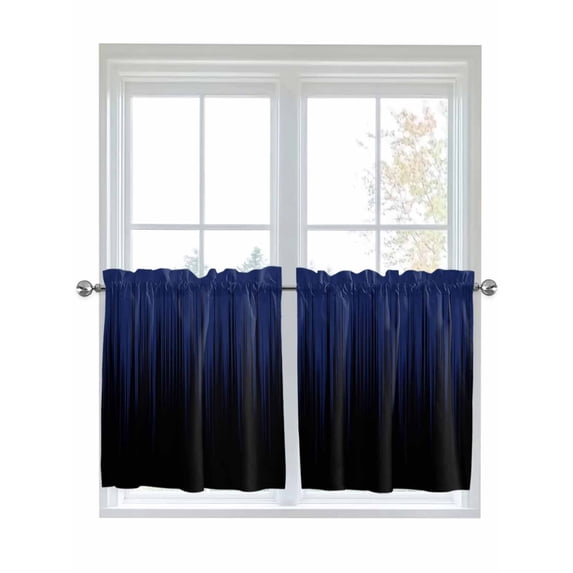 Navy Blue Black Ombre 2 Panel Kitchen Curtains for Small Windows, Modern Abstract Striped Gradient Bathroom Tier Curtain, Short Window Treatment for Bedroom/Living Room 55"x36"