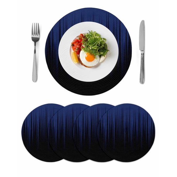 Navy Blue Black Ombre Round 15 Inch Placemats Set of 4, Modern Abstract Striped Gradient HeatResistant Non Slip Place Mats for Dining Table, Wipeable Braided Kitchen Table Mats for Housewarming